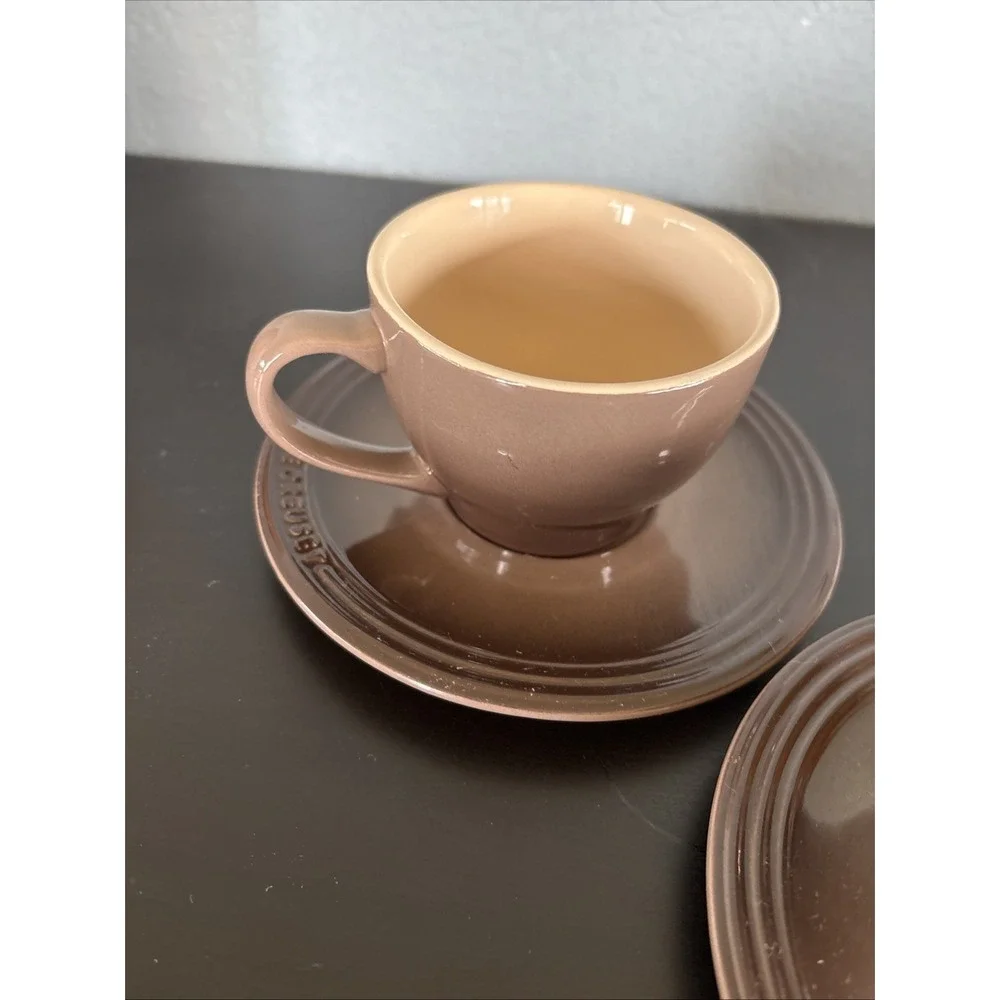 Le Creuset Tea Cup & Saucer Brown Gray Set of 2 Stoneware